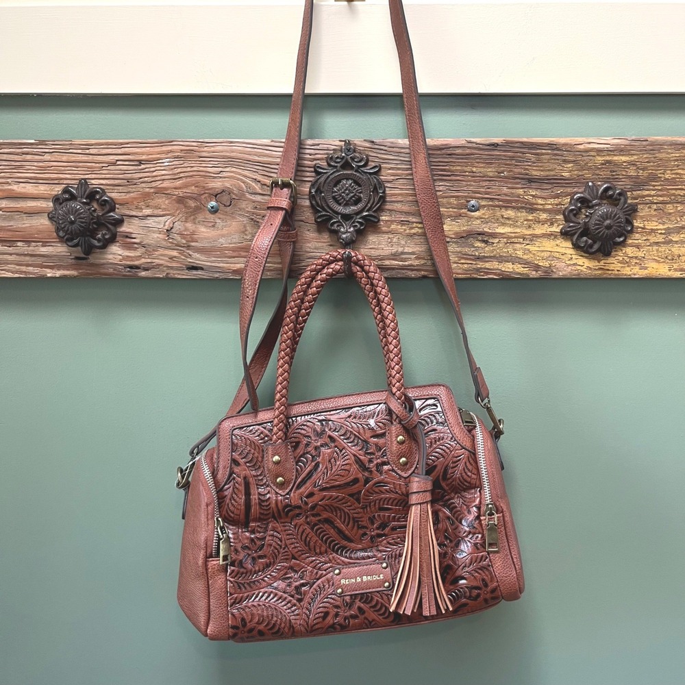Rein & Bridle Tooled Floral Satchel Bag Cognac Brown Braided Handle Crossbody